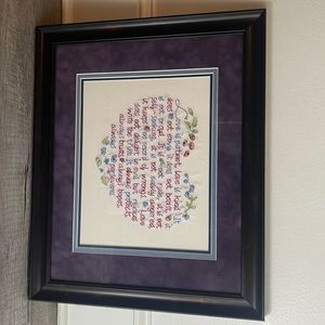 Framed 1 Corinthians 13:4-8 sewn into heart